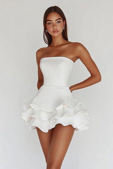 ZAPAKA Women White Strapless Graduation Dress  A Line Tiered Matte Satin Little White Dress